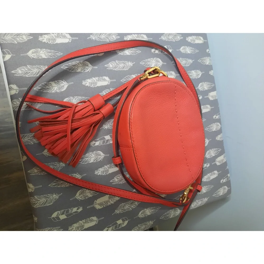 Tory Burch McGraw Camera Bag Orange Pebbled Leather Crossbody Tassel Logo